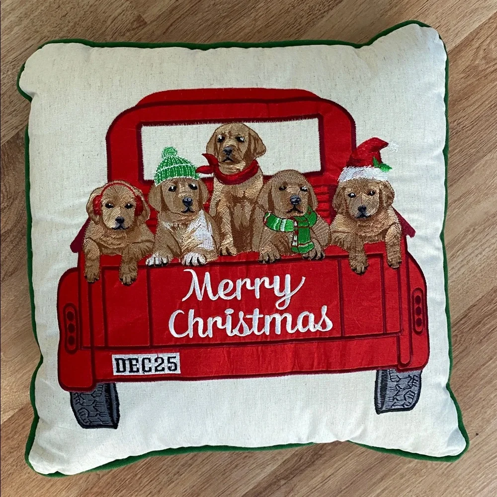 Pier 1 Merry Christmas Embroidered Pillow Dogs In Red Truck 16x16